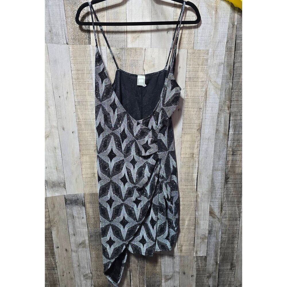 Lillian Vintage Y2K Black Silver Sparkly Asymmetrical Wrap Tank Dress 1X NWOT